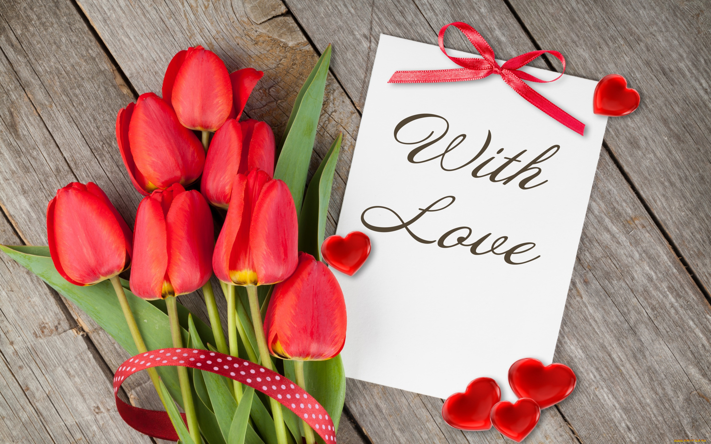 цветы, тюльпаны, with, love, romantic, hearts, red, tulips, flowers, букет,...